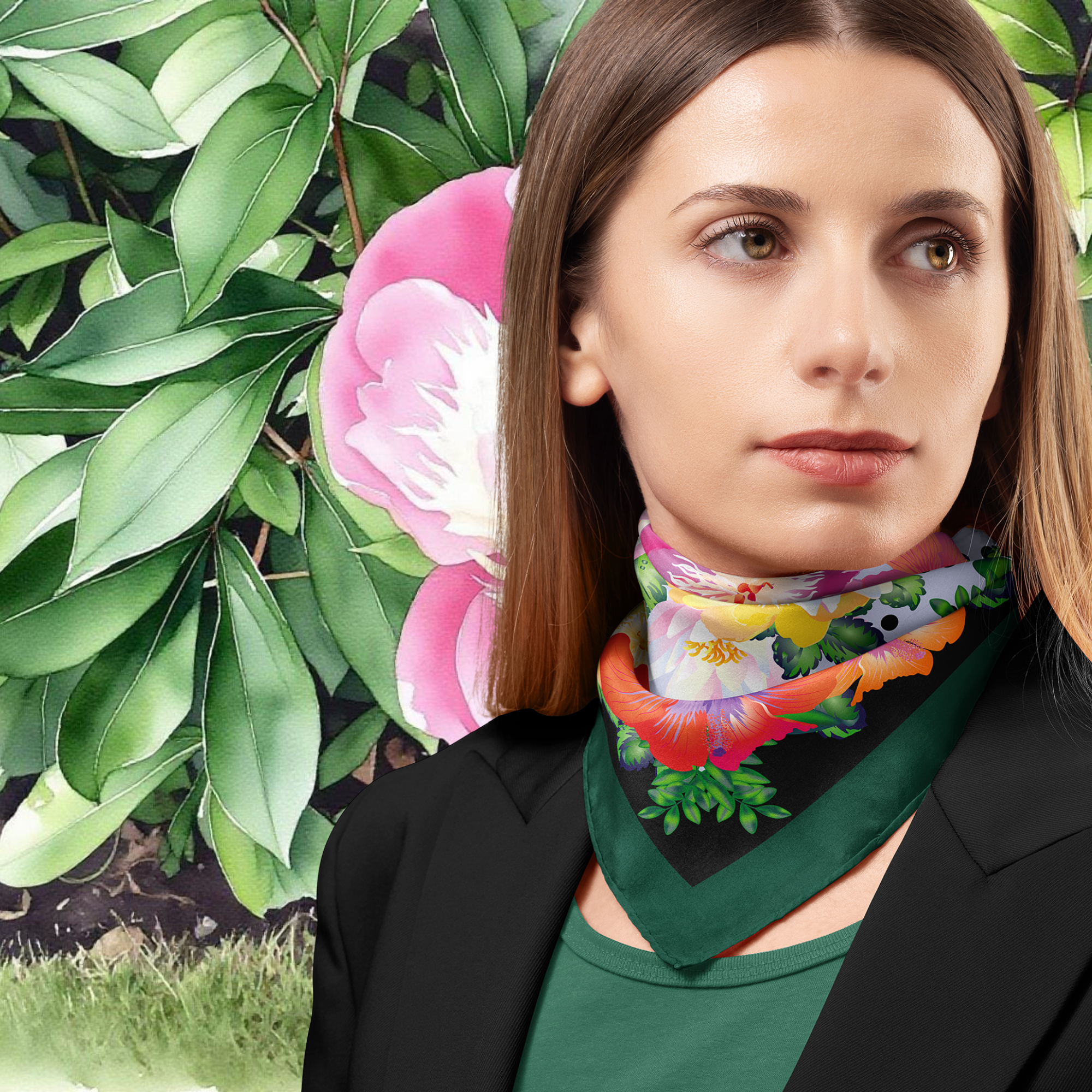 Woman wearing a colourful floral scarf with a green background.
