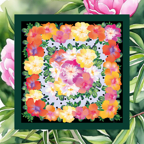 Colourful Silk Twill Scarf with Peony border, classic spots and bouquet of peonies and lilies in the middle  on a lilac background with green border.
