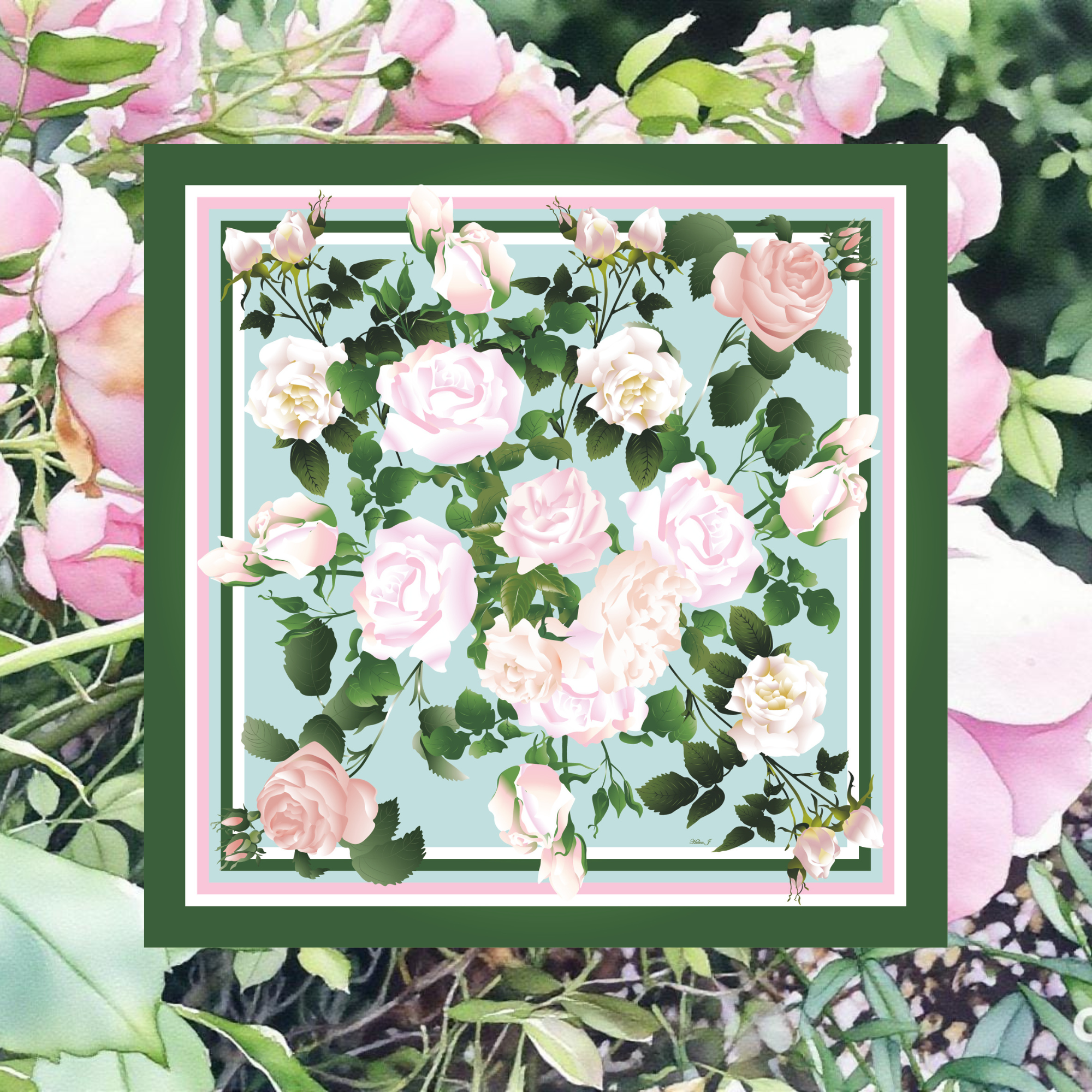Floral patterned fabric square surrounded by pink flowers and green leaves