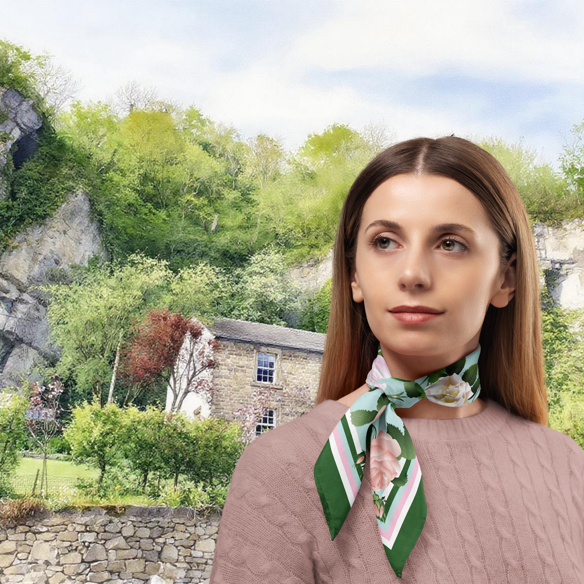 Woman wearing a green patterned scarf with a scenic background