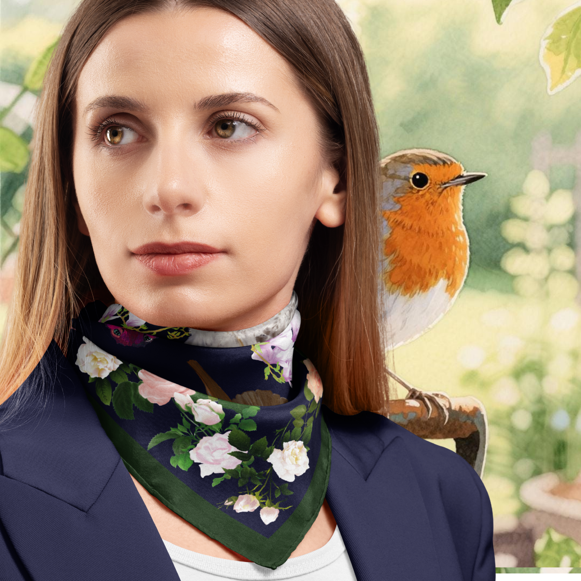 Woman wearing a floral scarf with a blurred background of a garden scene