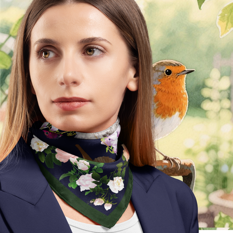 Woman wearing a floral scarf with a blurred background of a garden scene