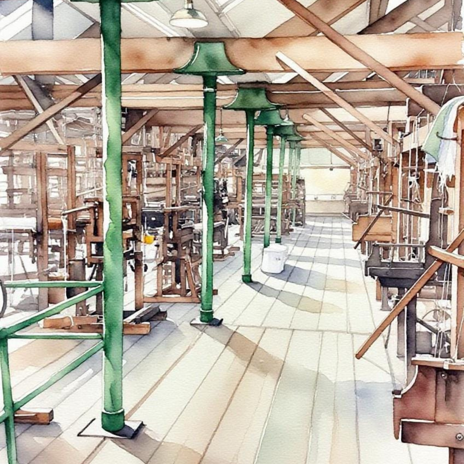 Watercolor-style depiction of an industrial interior with wooden beams and machinery.
