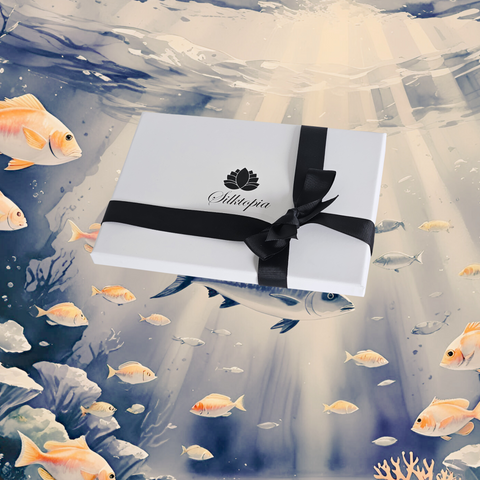 White gift box with black ribbon on an underwater-themed background with fish and coral.