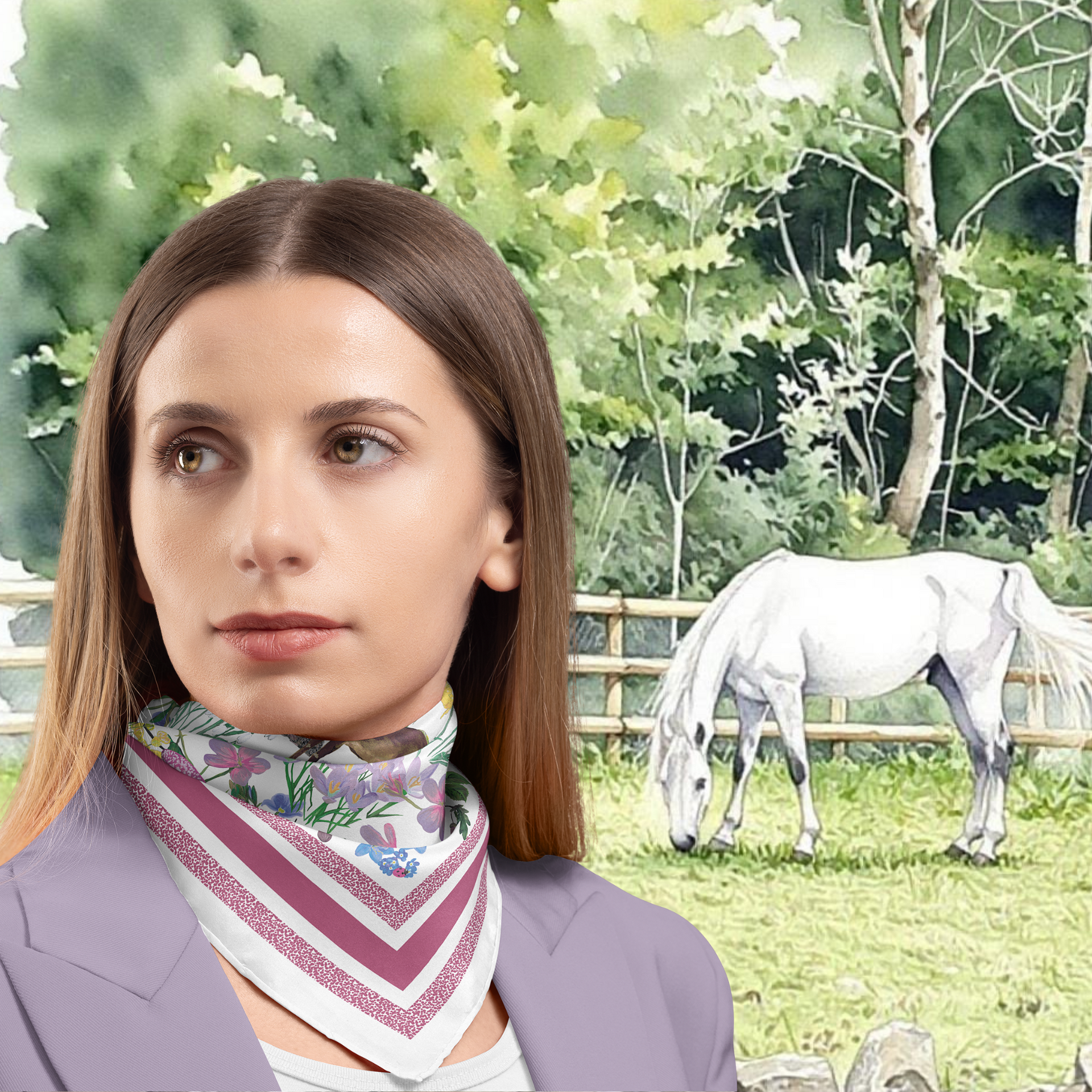 Woman wearing a floral scarf with a horse in the background