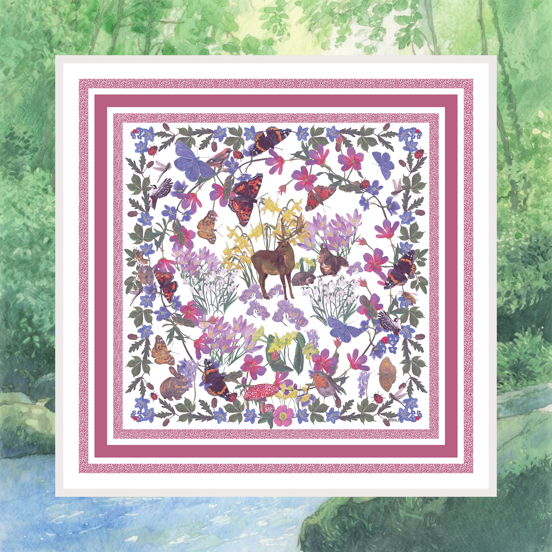 Decorative square with a deer and floral design on a green nature-themed background