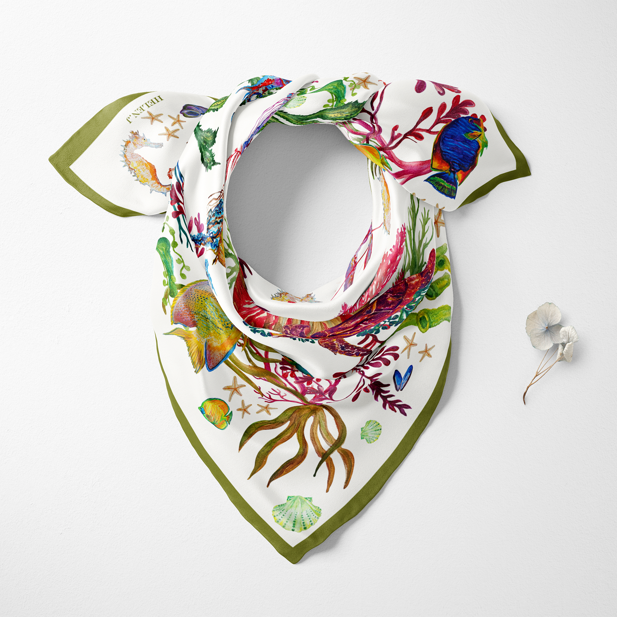 Hand-painted Tropical Seas  Silk Twill Scarf featuring sea plants, exotic fishes, and a Nautilus shell
