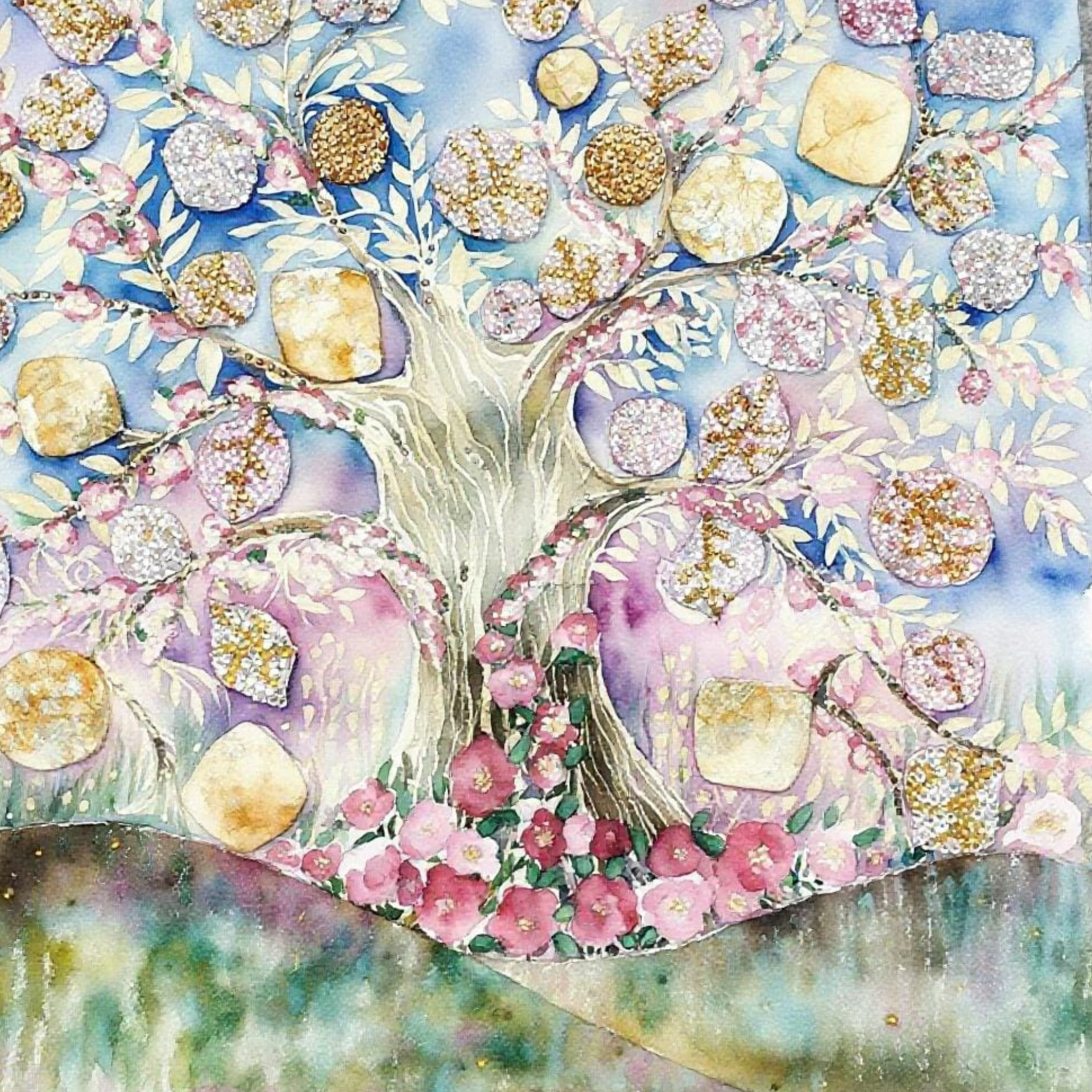 Colorful illustration of a tree with flowers and fruits on a gradient background