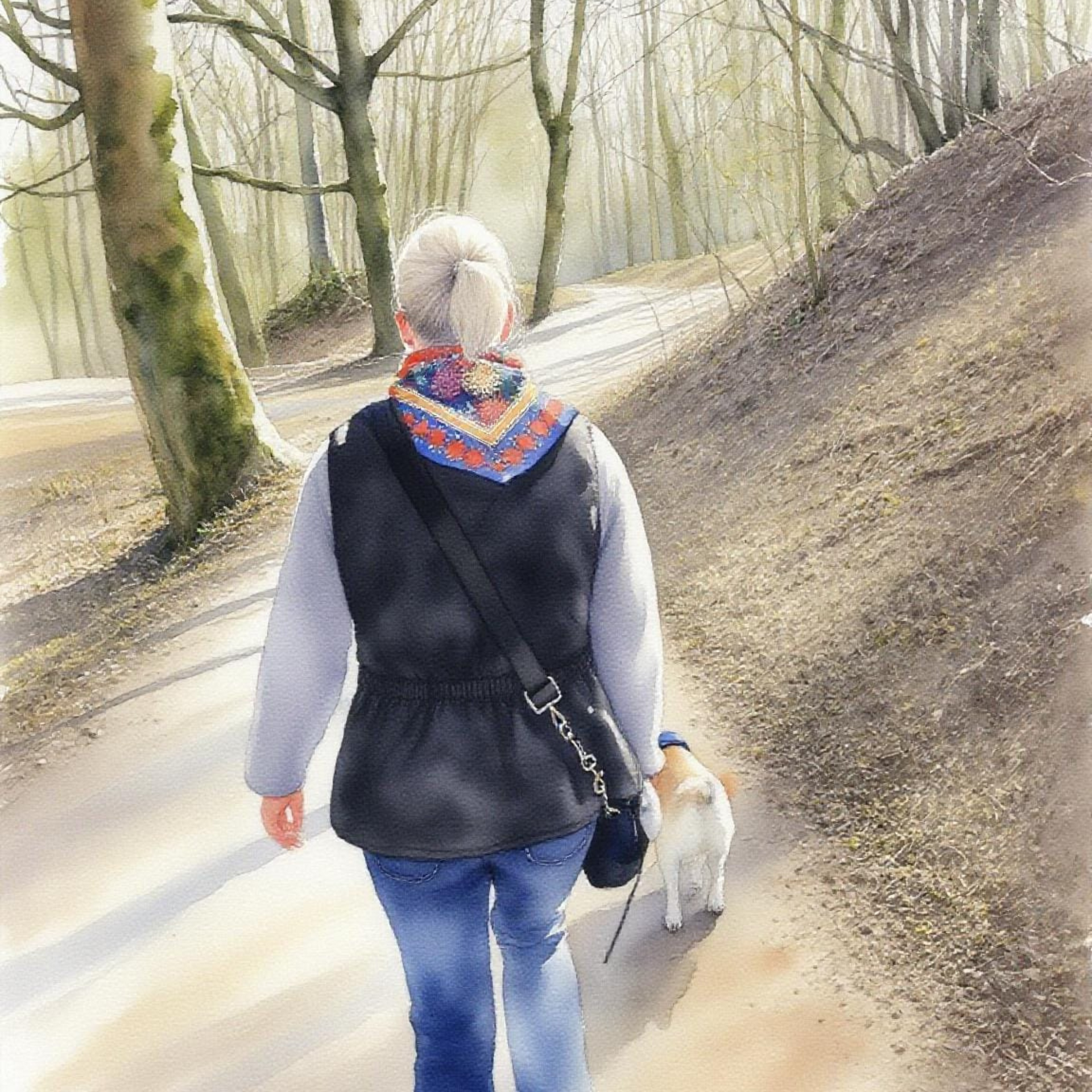 Person walking a dog on a path in a forest