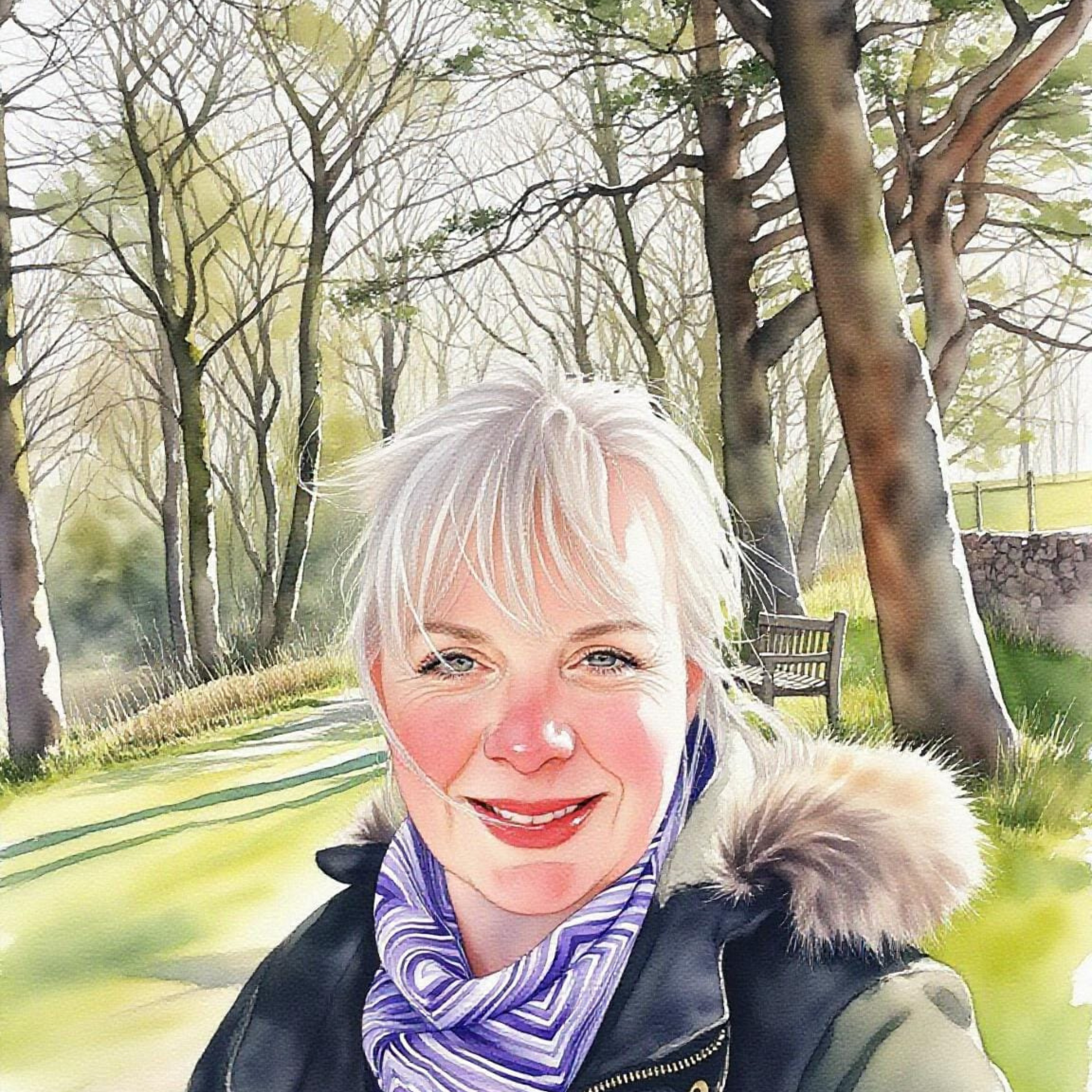 Woman with white hair standing in a park with trees and a bench in the background, wearing Blue John Silk scarf - watercolour picture.