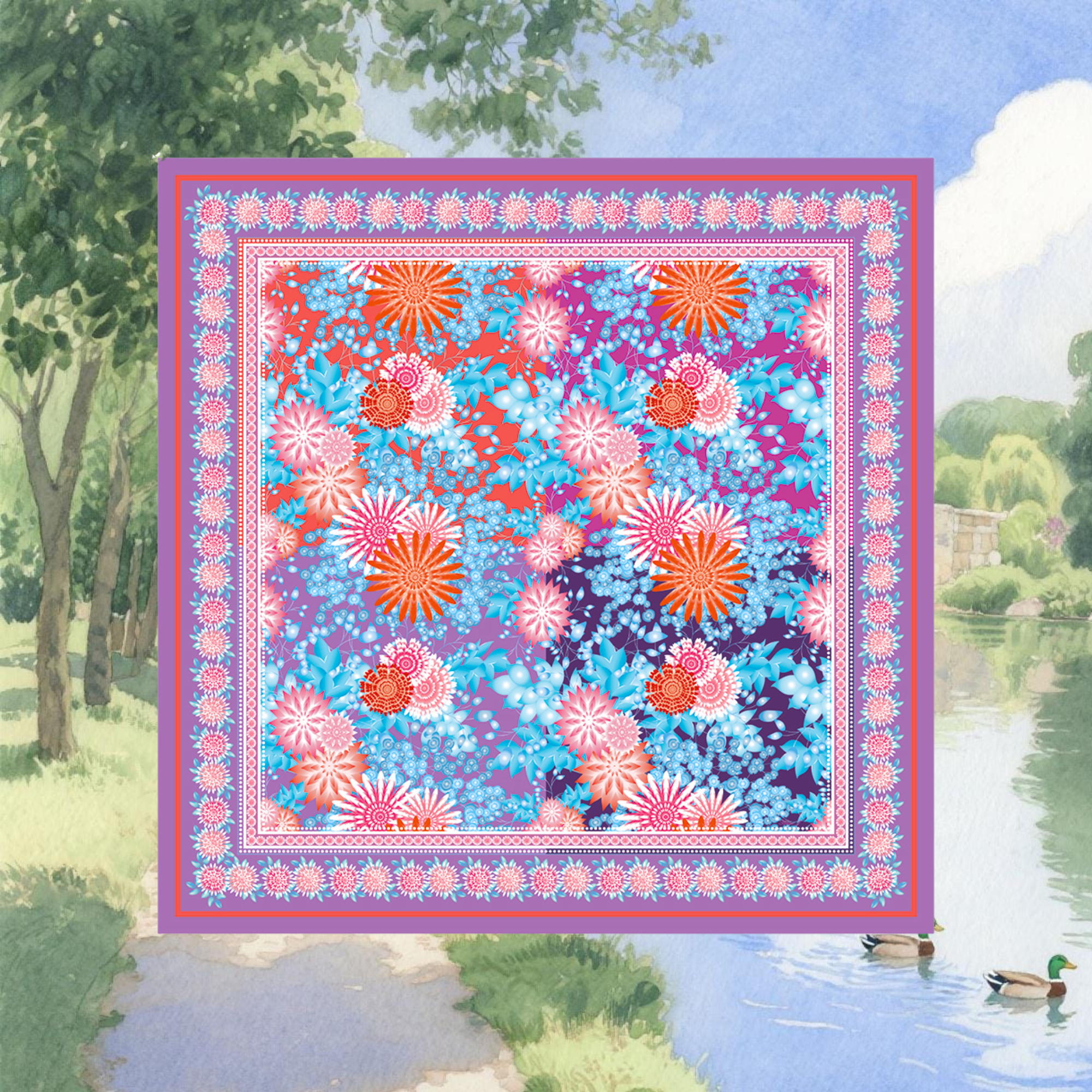 Colourful floral patterned silk twill square fabric with a scenic background of trees and water, Bakewell in the Peaks.