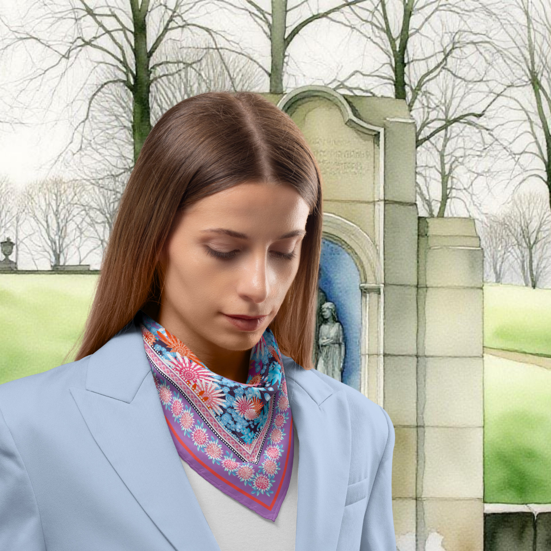 Woman wearing a colourful floral patterned silk twill scarf  set in the background of St Ann's Well, Buxton and trees