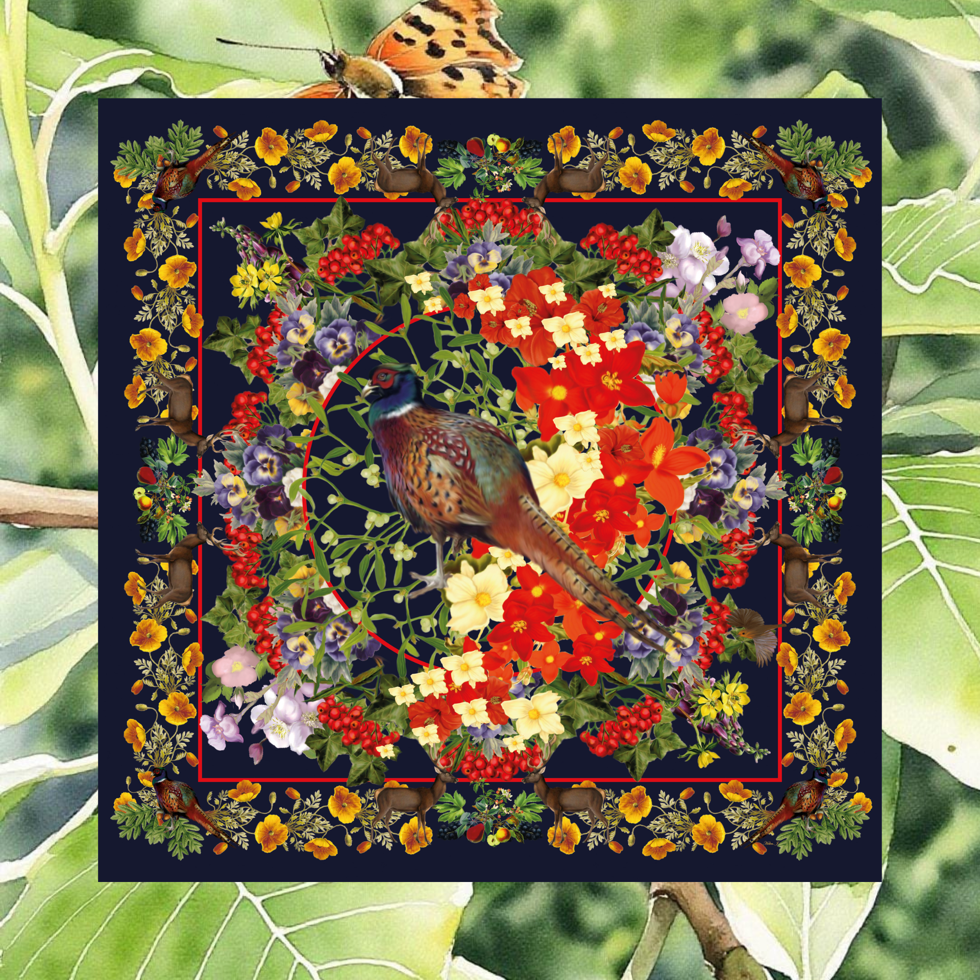 Decorative scarf with a pheasant and floral design on a dark background