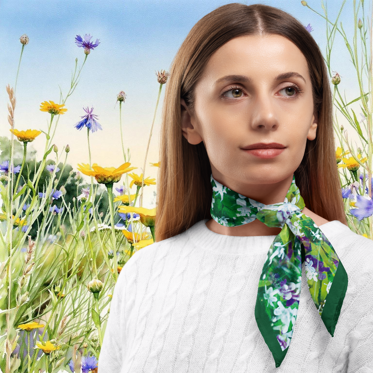 Woman wearing a floral scarf with a natural background of flowers and sky.