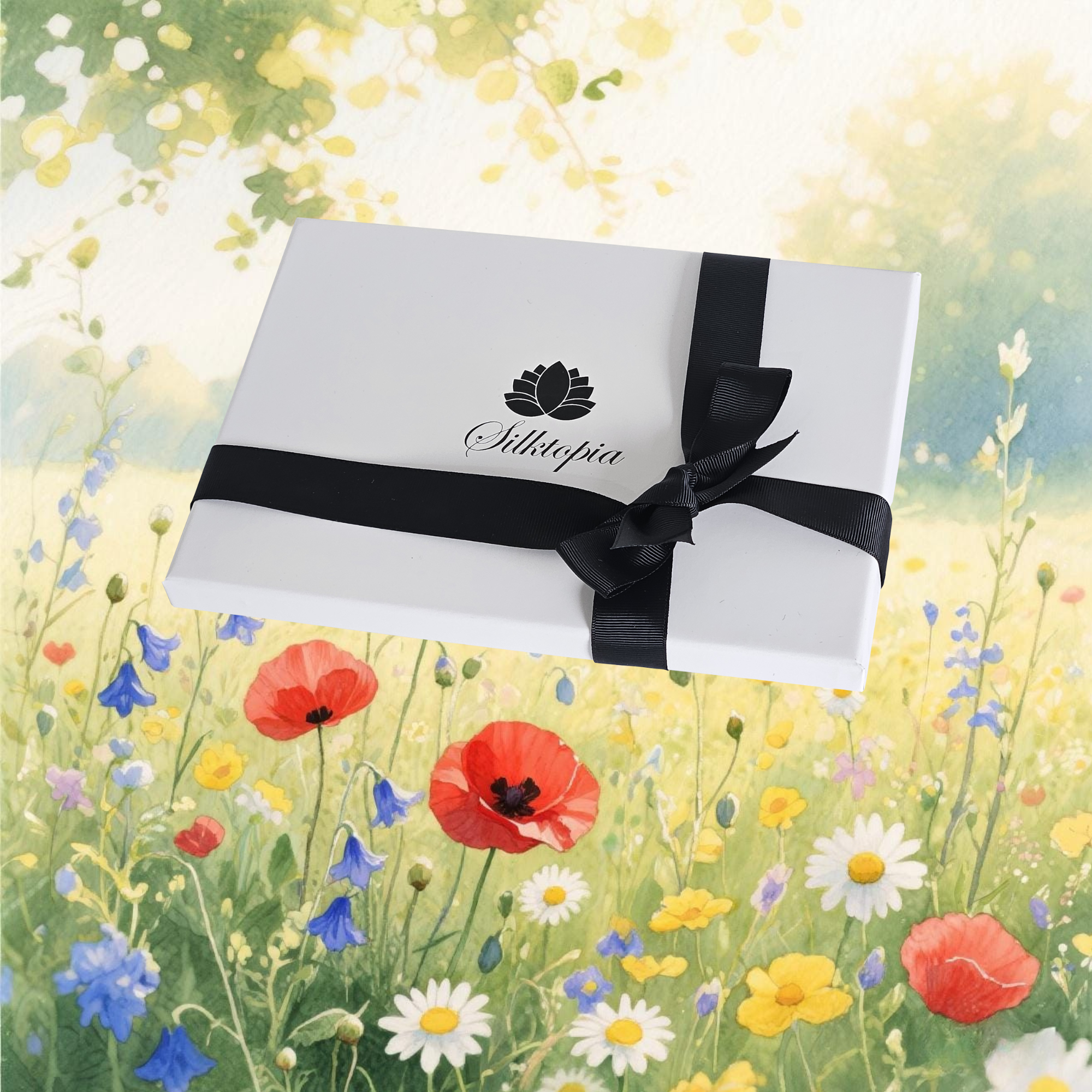 White gift box with black ribbon and Silktopia's logo on the gift box with a floral background