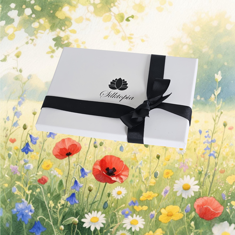 White gift box with black ribbon and Silktopia's logo on the gift box with a floral background