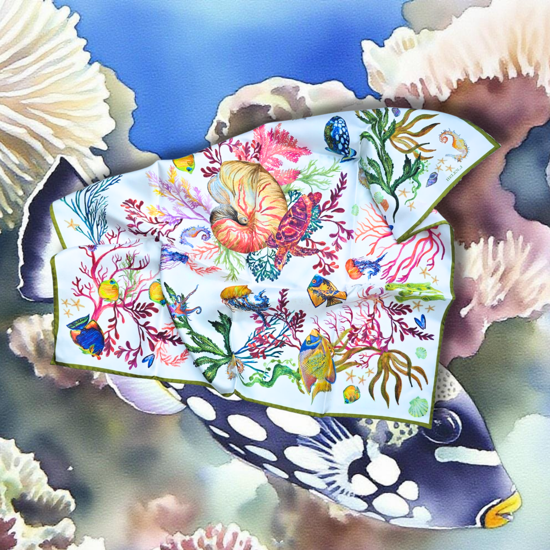Colourful Silk Twill Scarf with marine life design and the background with tropical fish.