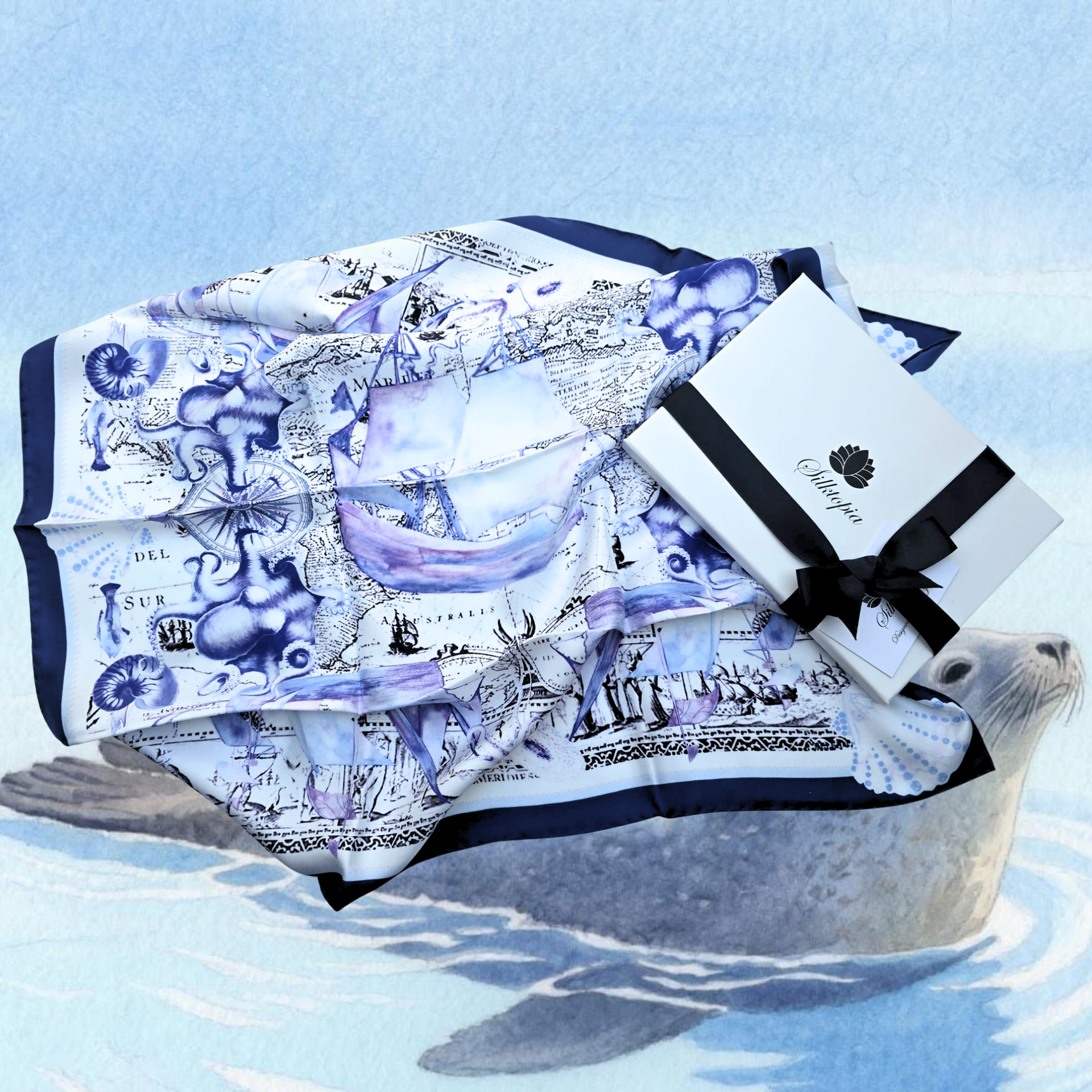 Decorative pillow with blue and white design on a turtle, accompanied by a gift box.