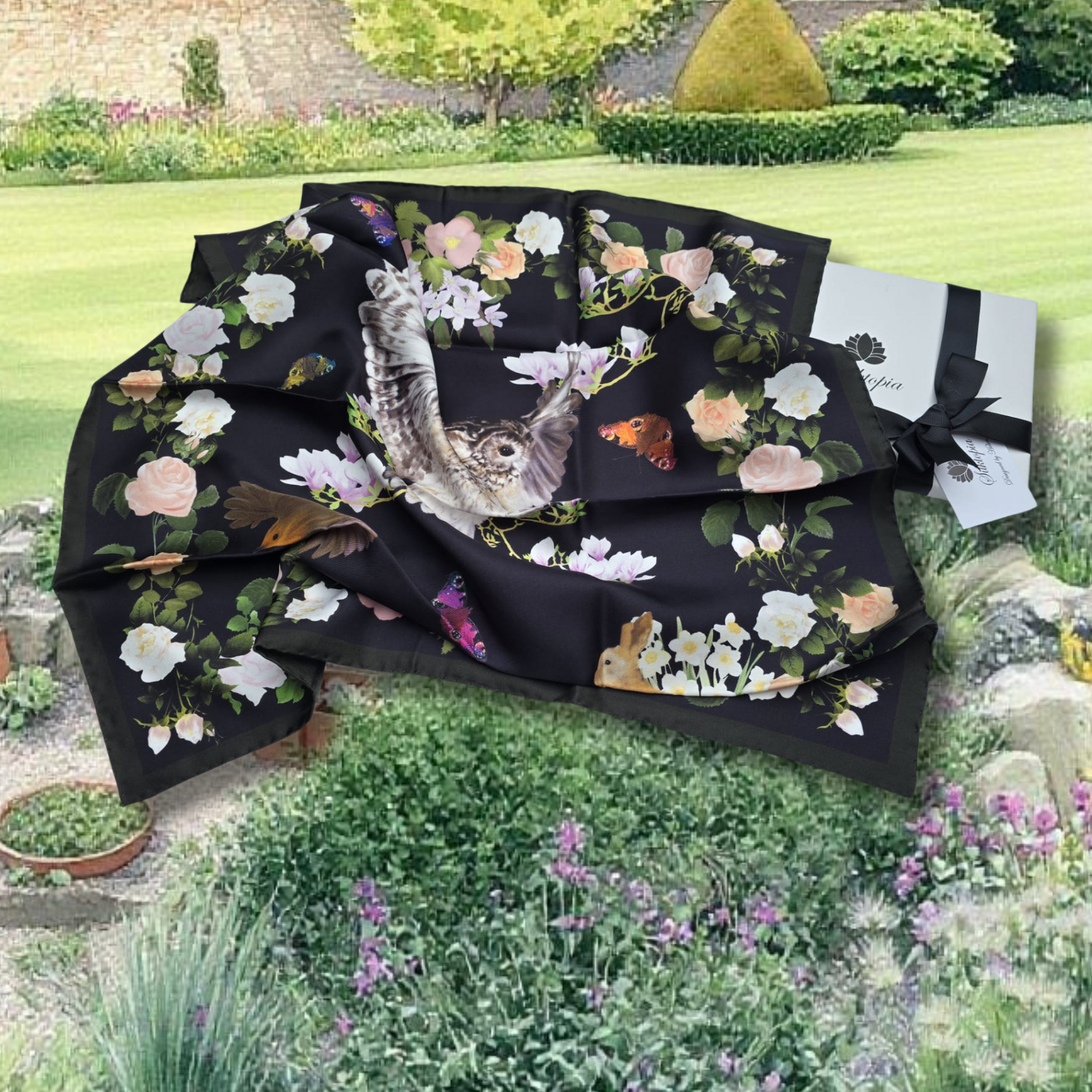 Floral and animal silk twill scarf fabric on a garden background
