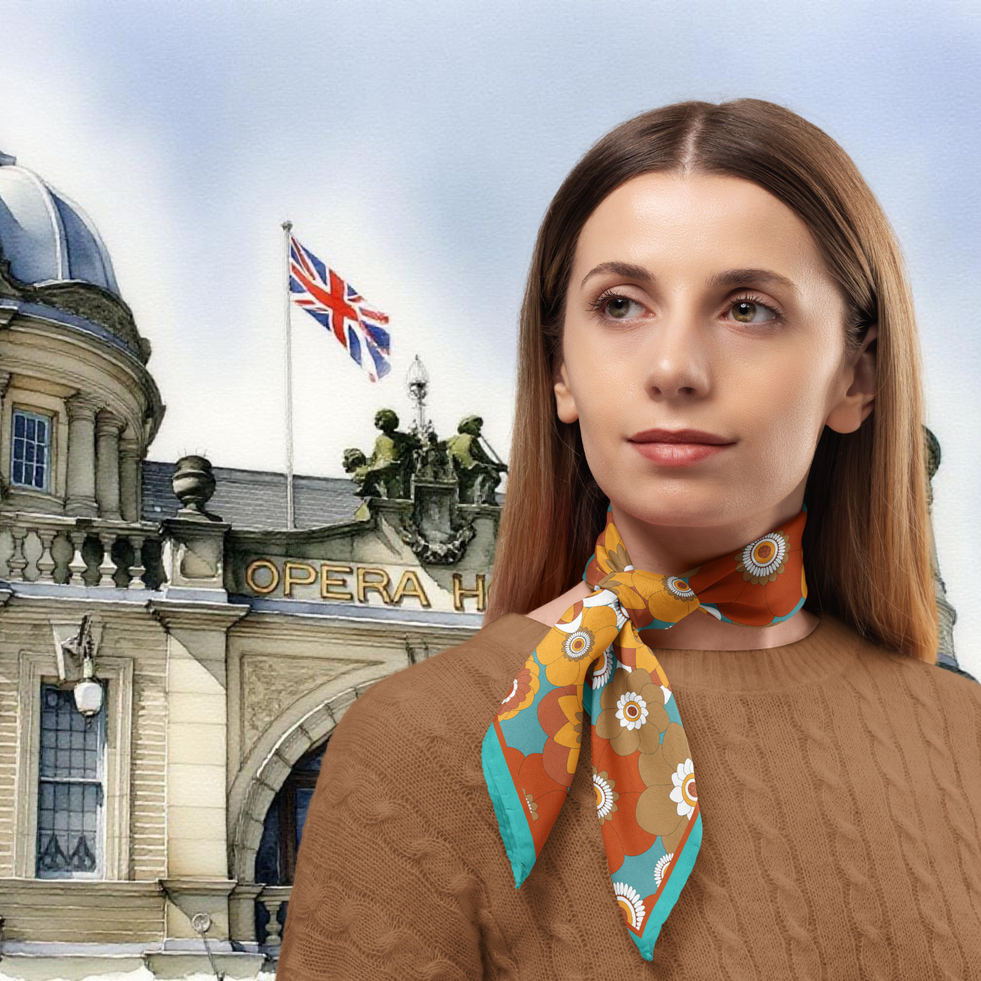 Woman wearing a colourful  retro floral silk twill scarf in front of Buxton opera house with a British flag.