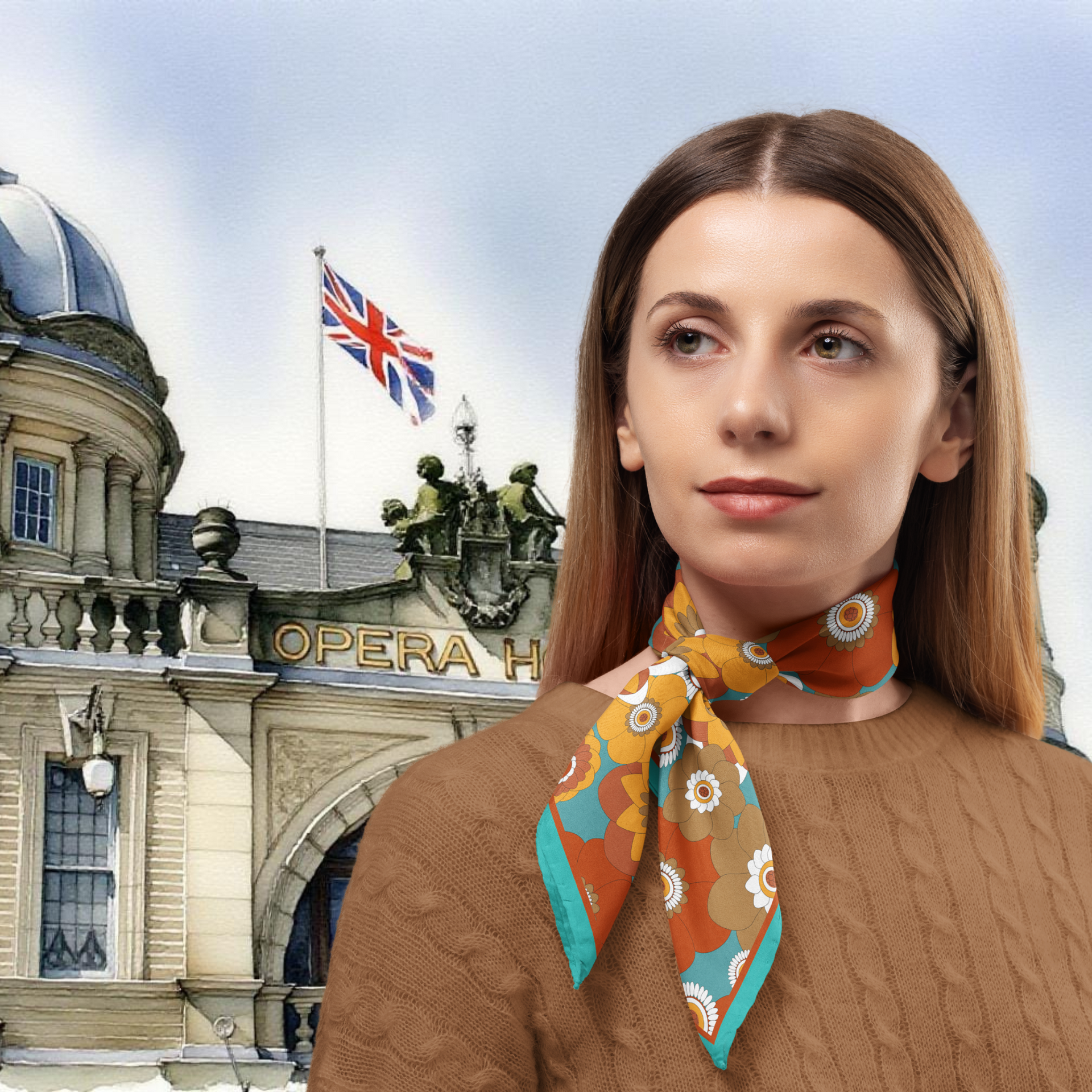 Woman wearing a colourful  retro floral silk twill scarf in front of Buxton opera house with a British flag.
