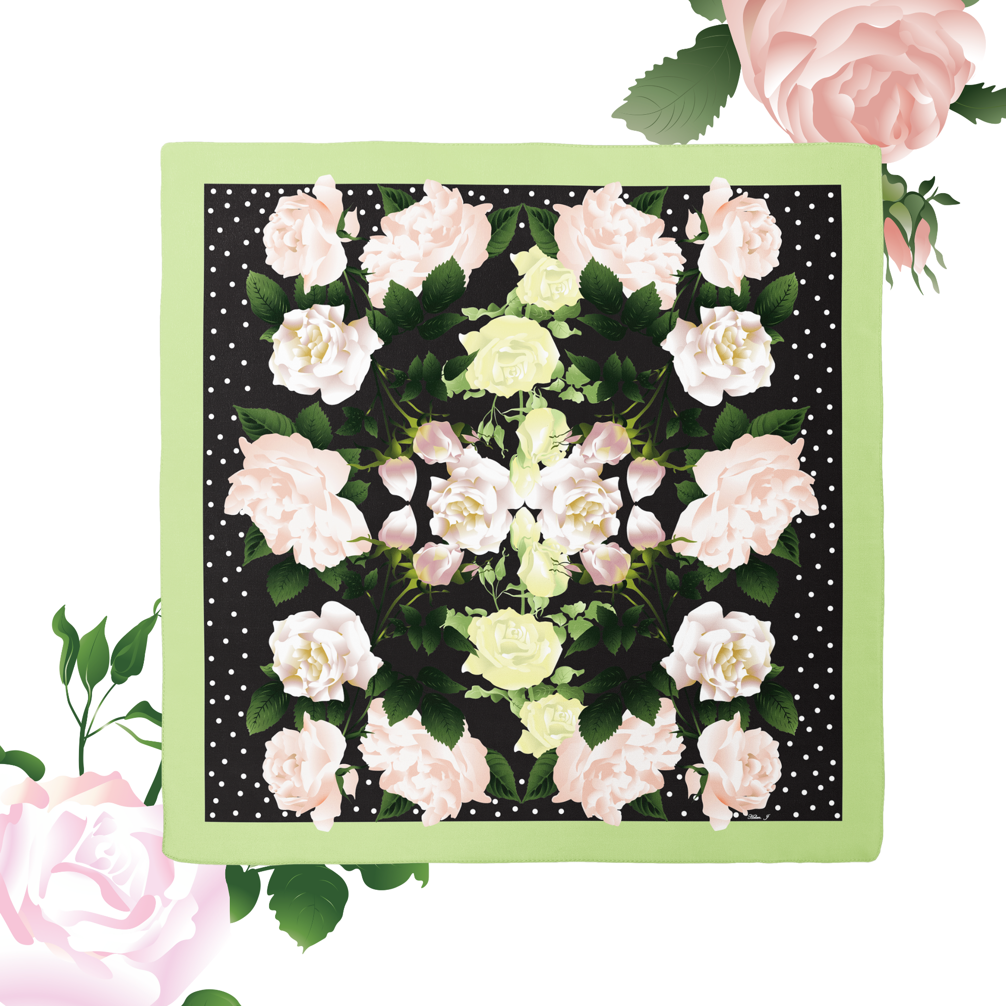 Floral patterned fabric square with pink and green colors, surrounded by roses.