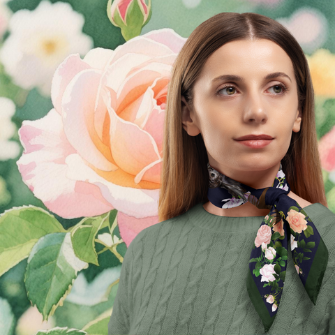 Woman wearing a floral scarf with a floral background