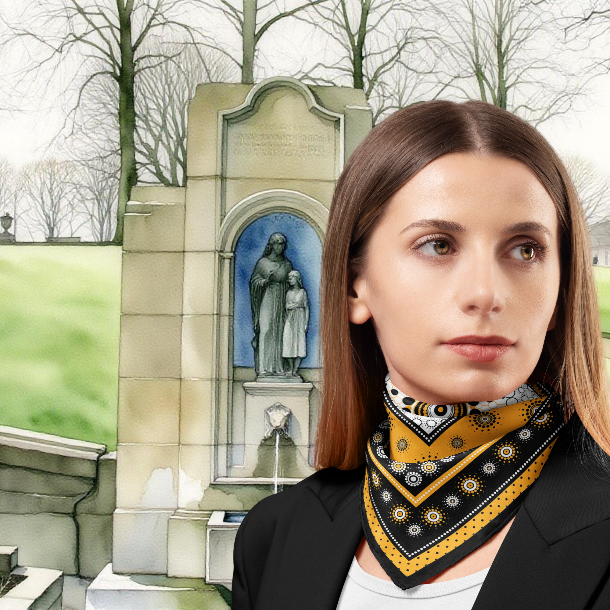 Woman wearing a patterned scarf with a background of St Ann's Well, Buxton and greenery