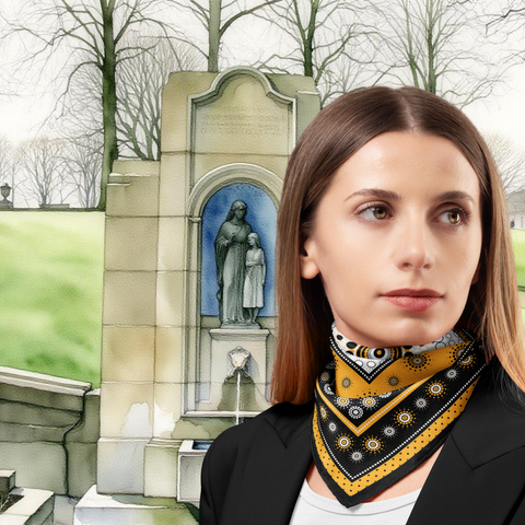 Woman wearing a patterned scarf with a background of St Ann's Well, Buxton and greenery
